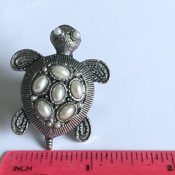 Vintage Turtle Cocktail Ring Silver Tone Adjustable Size 7 8 9 Sea Life Pearl - Picture 10 of 11
